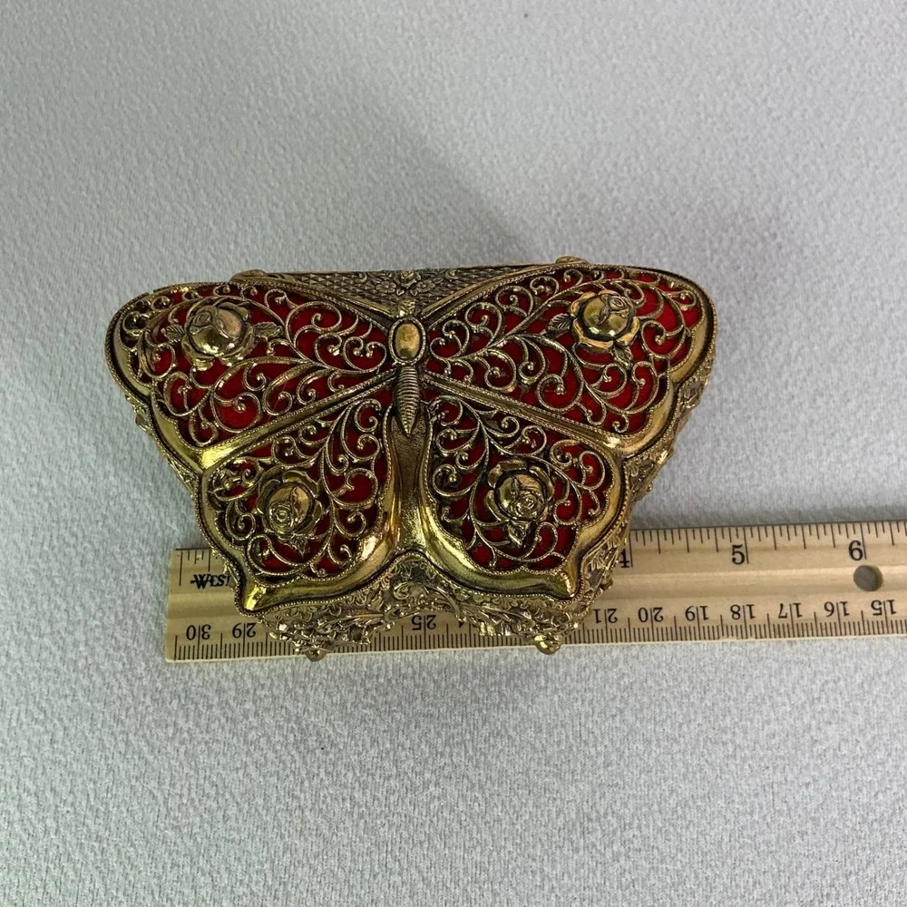 Vintage Japan Butterfly Music Box Gold Filigree Red Velvet Jewelry Trinket